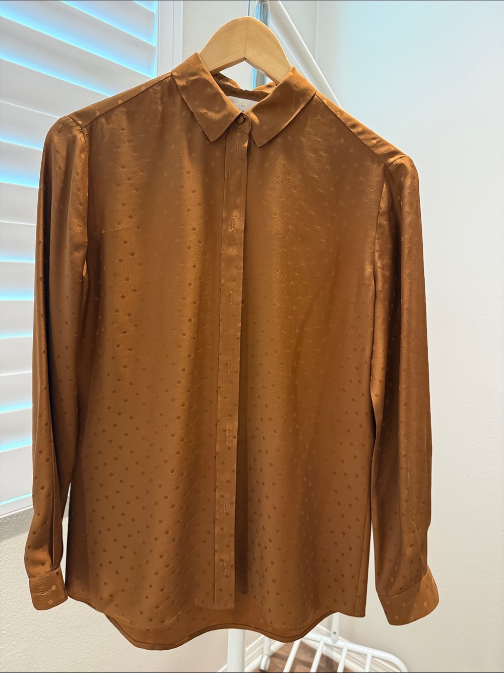 Sezane Copper Brown Dot-Texture Satin Dress Shirt